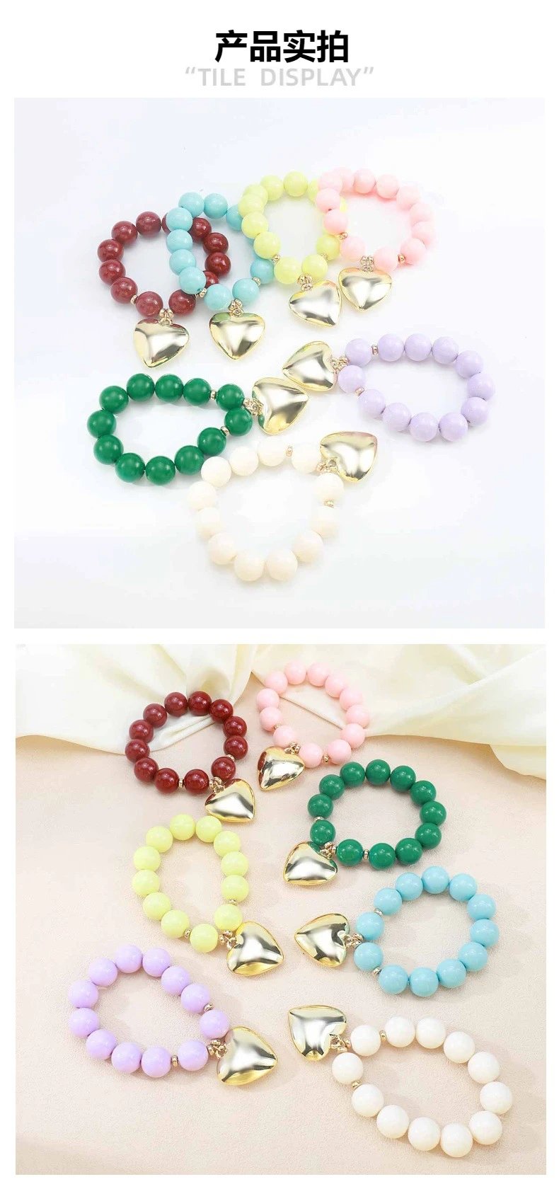 Design Heart Charm Bracelet Lilac Beaded Stretch Bracelet Jewelry - 26
