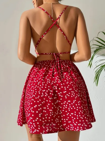 Design Floral Print Heart Pattern Spaghetti Strap A-Line Dress - 16