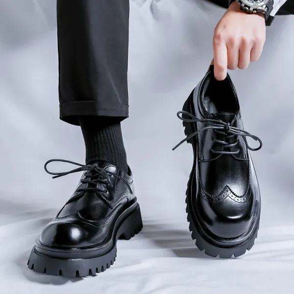 Design Brogue Platform Oxford Black Leather Shoes - 1