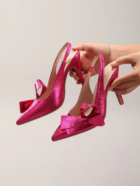 Design Bow Detail Nude Patent Leather Slingback Stilettos - 30