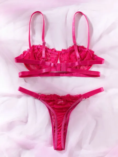 Design Lace Bralette and Thong Set Pink Underwear - 1