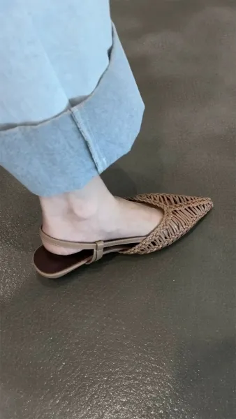 Bottega Veneta Woven Leather Slingback Flats Beige Leather Shoes - 10