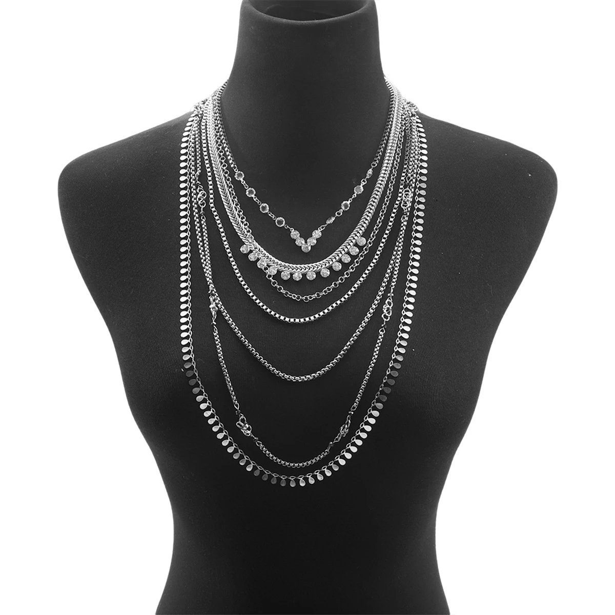 Design Layered Multi-Chain Crystal Pendant Necklace Silver Jewelry
