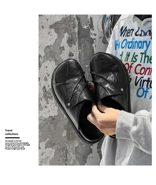 Design Chunky Leather Slide Black Slipper - 7