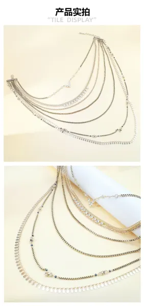Design Layered Multi-Chain Crystal Pendant Necklace Silver Jewelry - 13