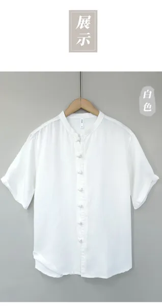 Design Mandarin Collar Linen Shirt Beige Tops.shirt - 7