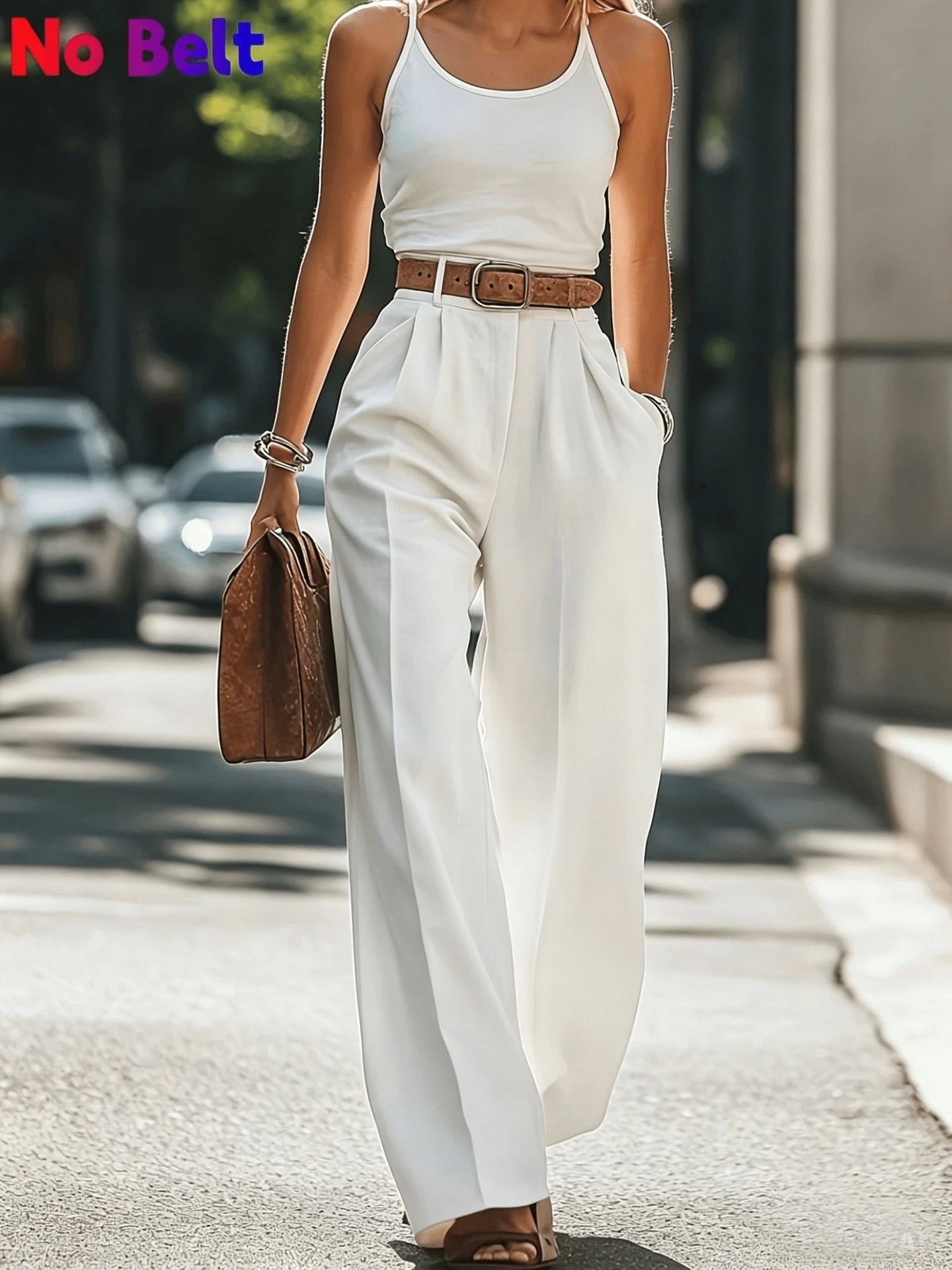 Design Wide-Leg Pleated Trousers Black with Brown Leather Belt Pants - 11