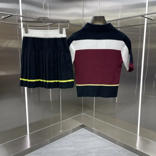 Casablanca Color-Block Knit Polo and Pleated Skirt Set in Navy, Burgundy, White, and Yellow - 11