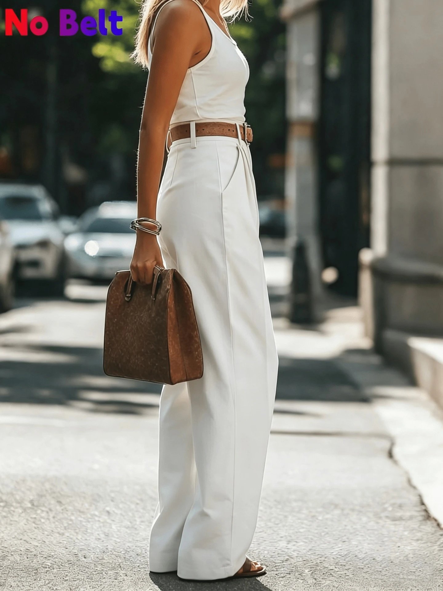 Design Wide-Leg Pleated Trousers Black with Brown Leather Belt Pants - 13
