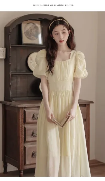 Design Yellow Puff-Sleeve Square-Neck Midi Dress - 12