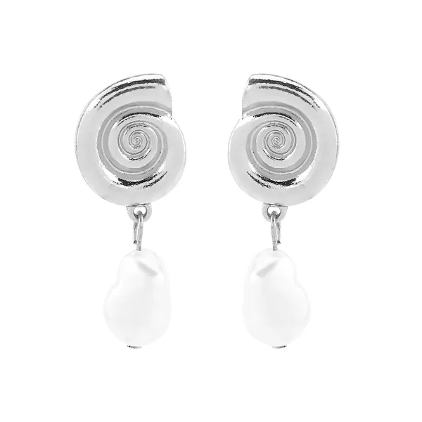 Design Spiral Shell Pearl Drop Earrings Silver Jewelry - 1