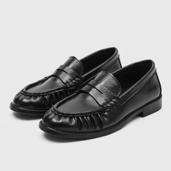 Design Pleated Penny Loafer Black Leather Loafers - 1
