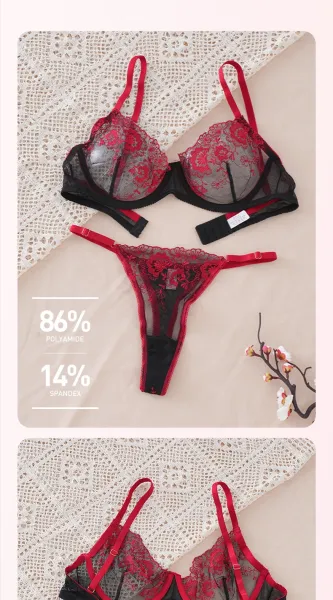 Design Elegant Lace Detailing Red and Black Floral Lace Bra and Thong Set Underwear - 9
