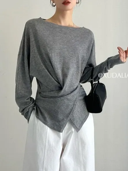 Design Asymmetrical Draped Long Sleeve Top Gray - 6