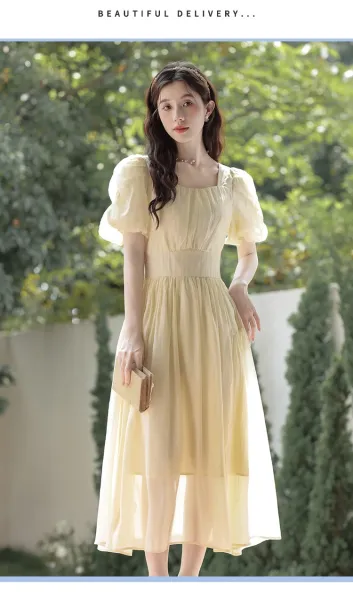 Design Yellow Puff-Sleeve Square-Neck Midi Dress - 17