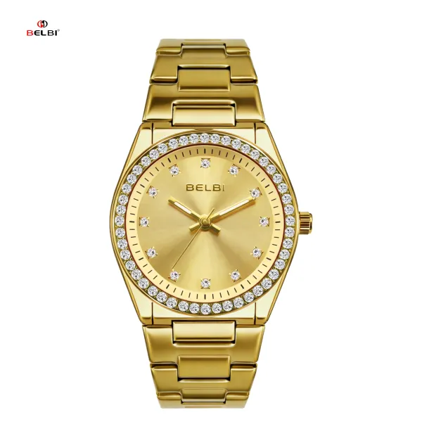 Design BELBI Crystal-Encrusted Black Dial Gold Watch Watches - 23