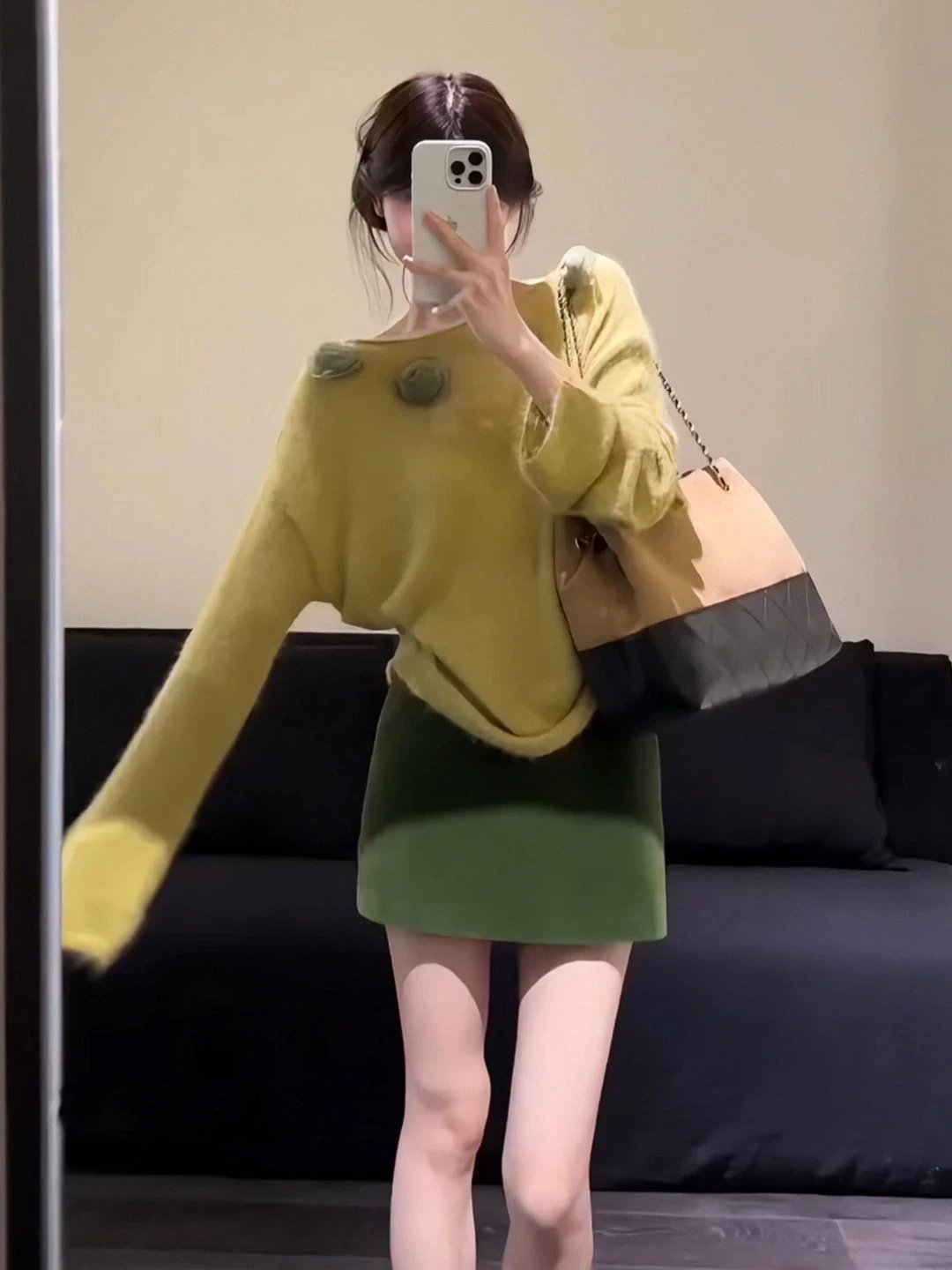 Design Knit Sweater with Pompom Details in Chartreuse and Olive Green Skirt Set - 7