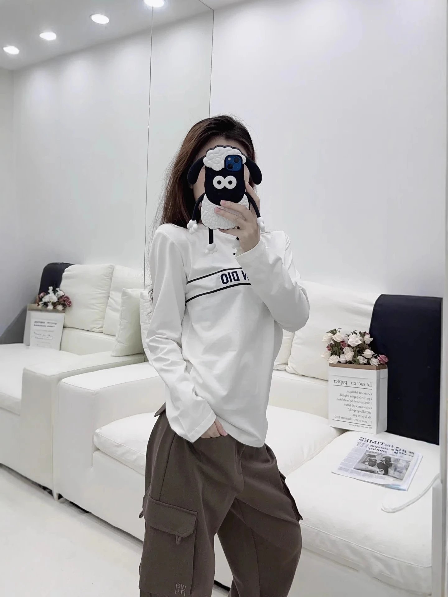 White Long Sleeve Tee with Star and Reversed Text Brown Cargo Pants Set