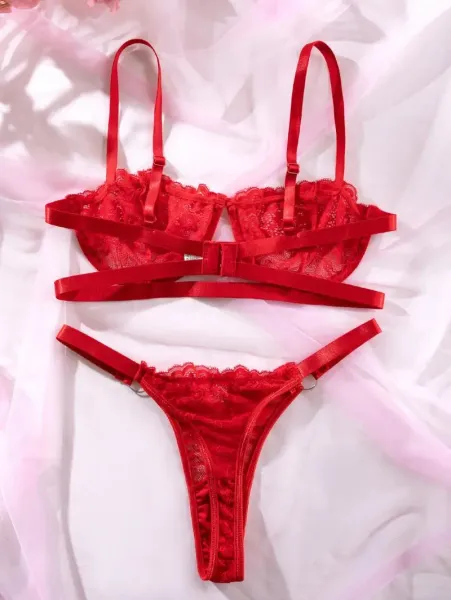 Design Red Lace Strappy Bra and Thong Set Underwear - 30