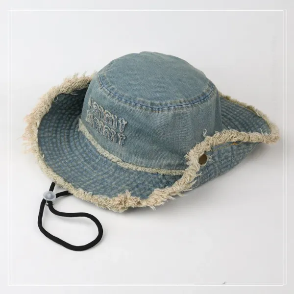 Design Distressed Denim Bucket Hat Black - 7