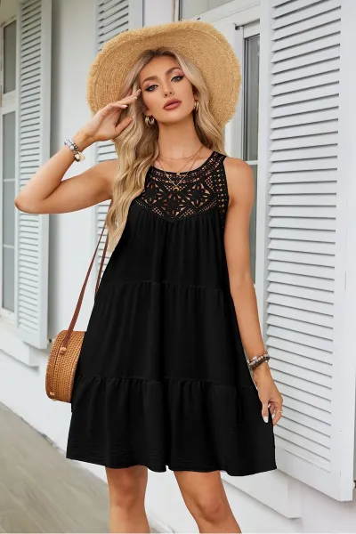 Design Black Lace-Trimmed Tiered Sleeveless Dress - 13