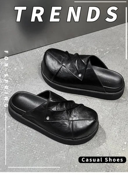 Design Chunky Leather Slide Black Slipper - 2