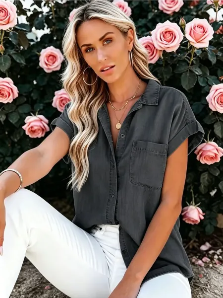 Design Light Wash Denim Shirt with Roll-Up Sleeves and Chest Pocket in Blue Tops Shirt - 9
