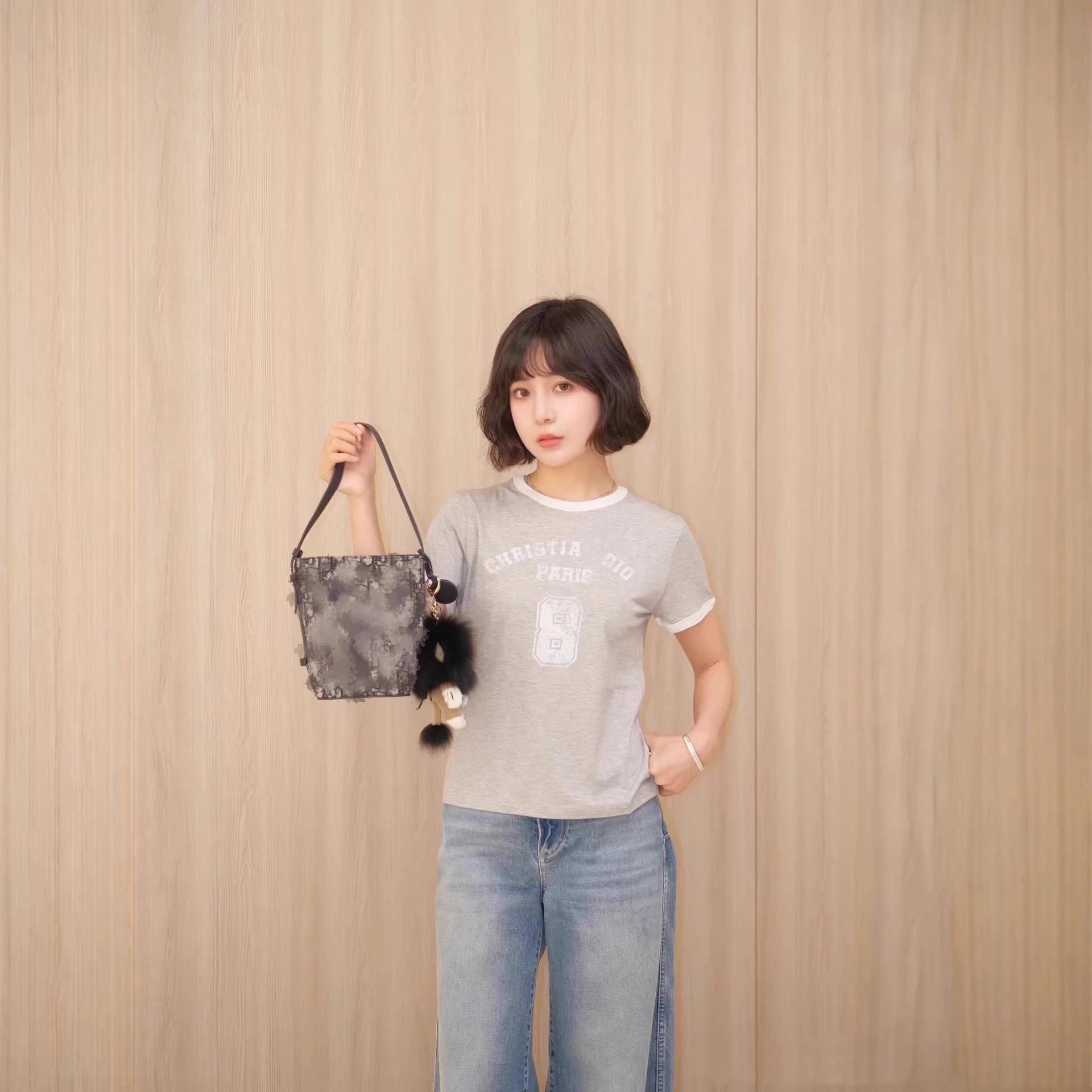 Christian Dior Gray Ringer Tee With Logo Print Casual T-Shirt
