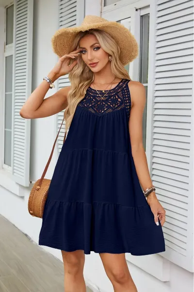 Design Black Lace-Trimmed Tiered Sleeveless Dress - 26
