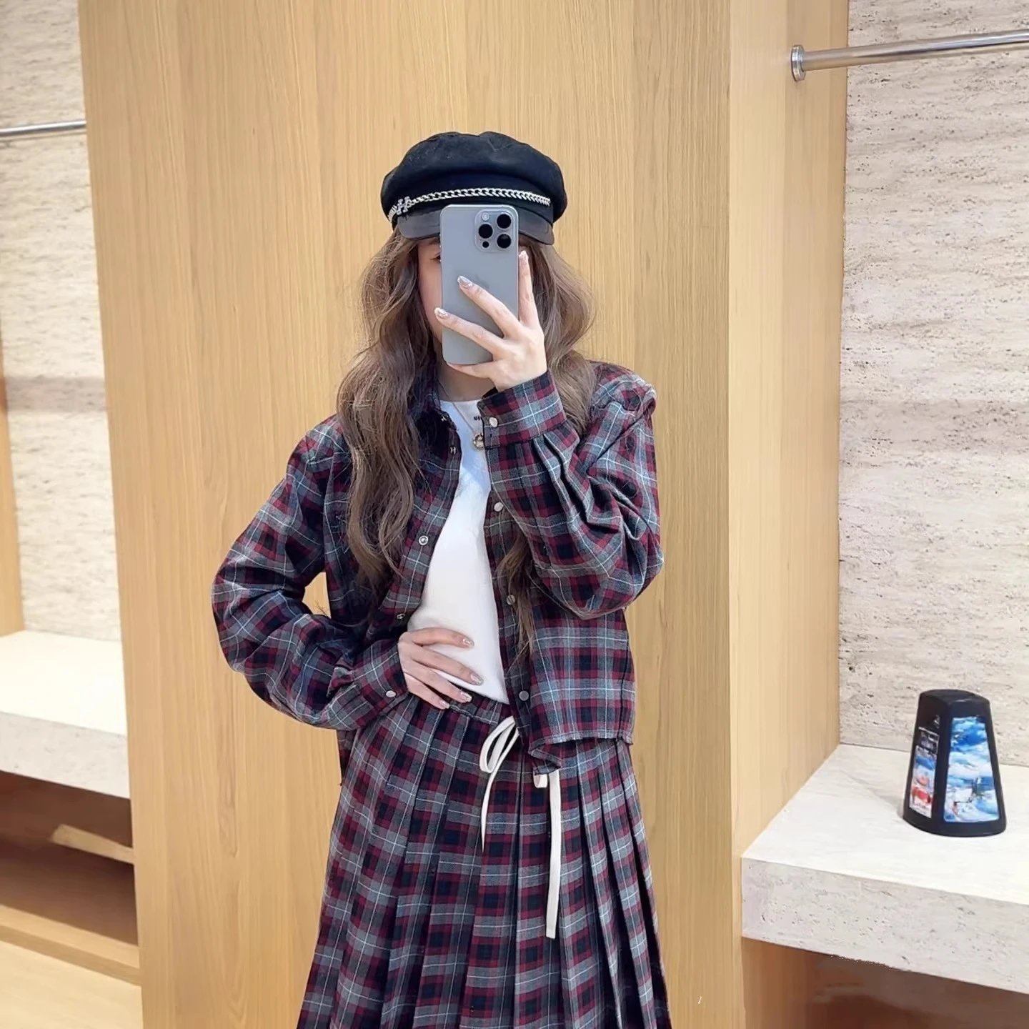 Plaid Shirt And Pleated Skirt Set Burgundy Gray Classic Preppy