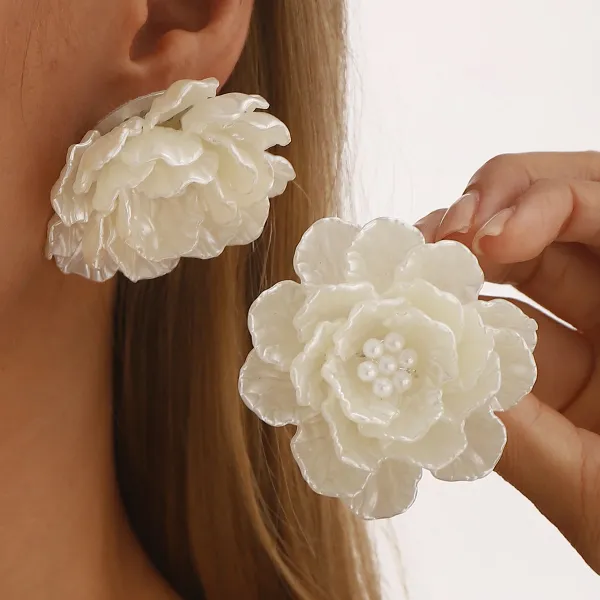 Design Floral Resin Crystal Stud Earrings Orange and Cream Jewelry - 15
