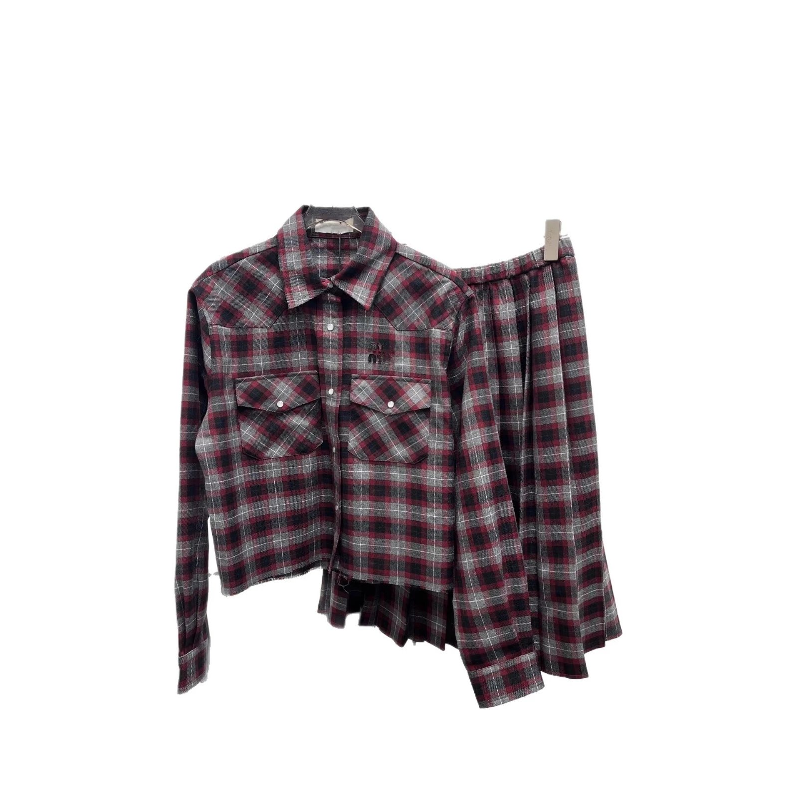 Plaid Shirt And Pleated Skirt Set Burgundy Gray Classic Preppy