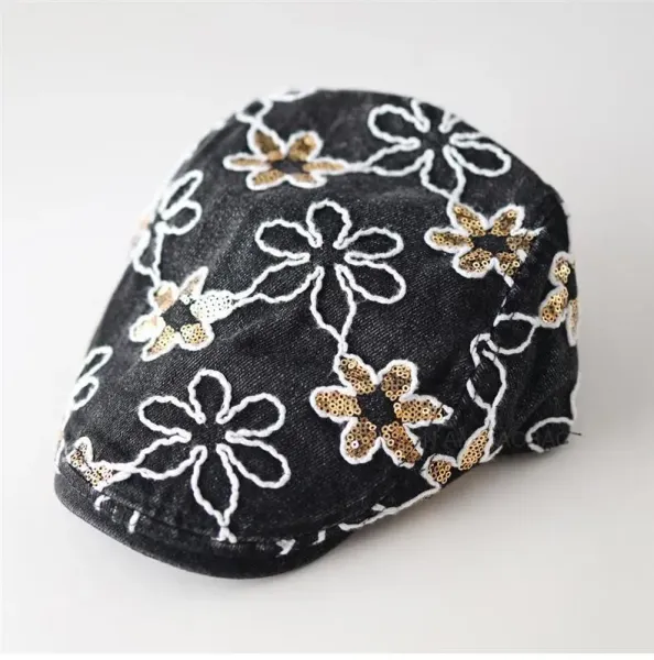 Design Floral Embroidered Denim Flat Cap Black Hats - 7