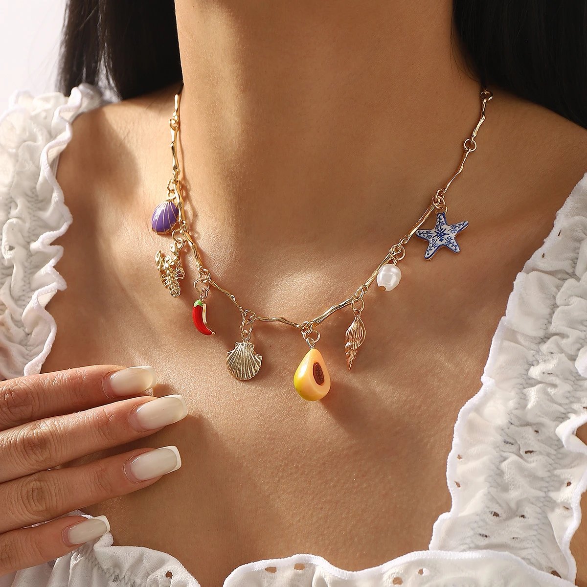 Design Charm Necklace Multicolor Seafood & Shell Pendant Necklace Jewelry - 20