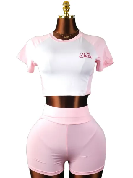 Design Babe Logo Crop Top and Glitter Shorts Set Pink Sets - 14