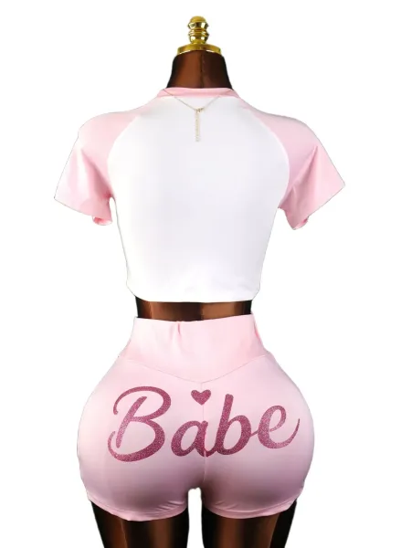 Design Babe Logo Crop Top and Glitter Shorts Set Pink Sets - 15