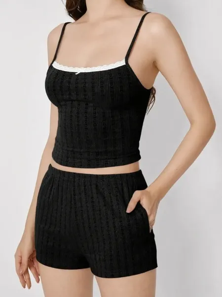 Design Lace-Trimmed Ribbed Cami Set Black Sleepwear - 8