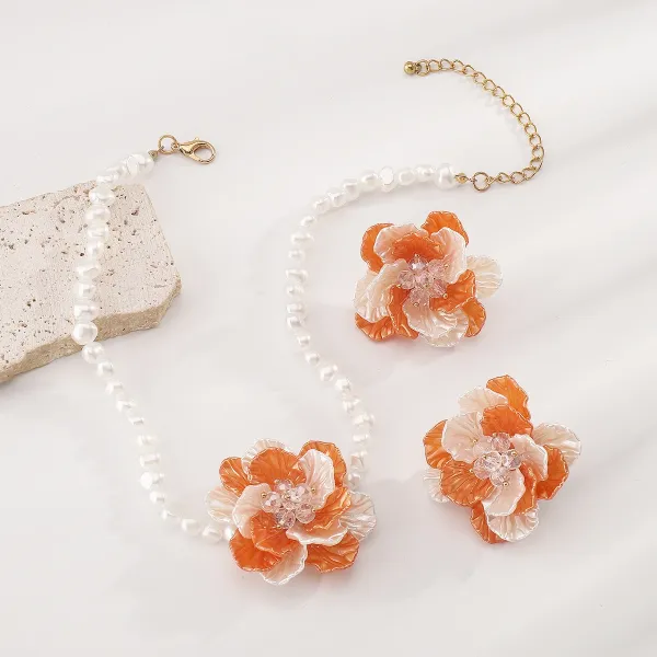 Design Floral Resin Crystal Stud Earrings Orange and Cream Jewelry - 41