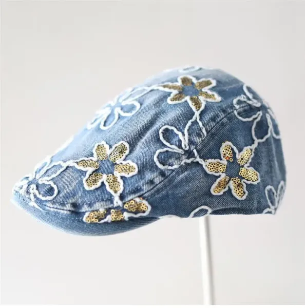Design Floral Embroidered Denim Flat Cap Black Hats - 8