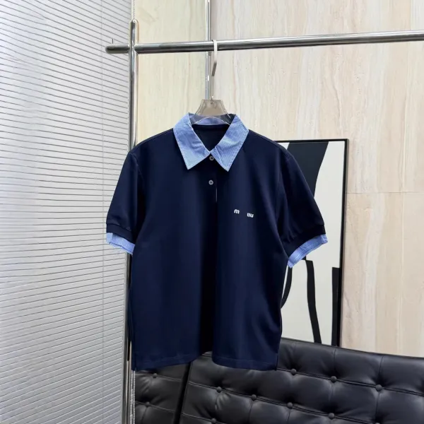 Miu Miu Contrast Collar Polo Navy Blue Tops Polo - 1