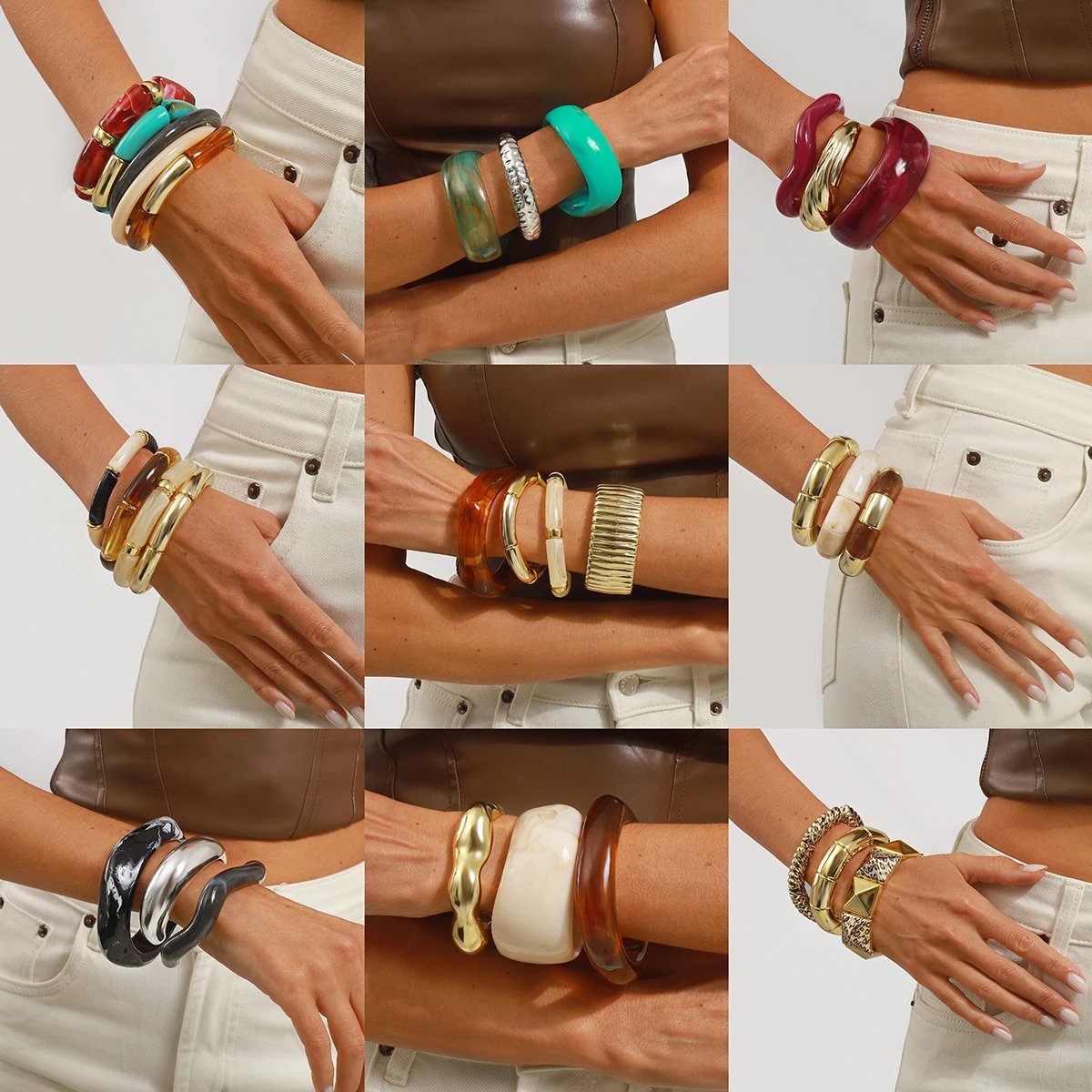 Trendy Geometric Irregular Acrylic Alloy Wide Bangle - Vintage Bold Maillard Multi-Color Versatile Bracelet