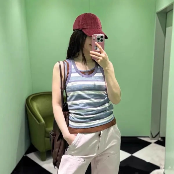Design Striped Ribbed Trim Tank Top in Purple, Blue, and White Vest Top - 4