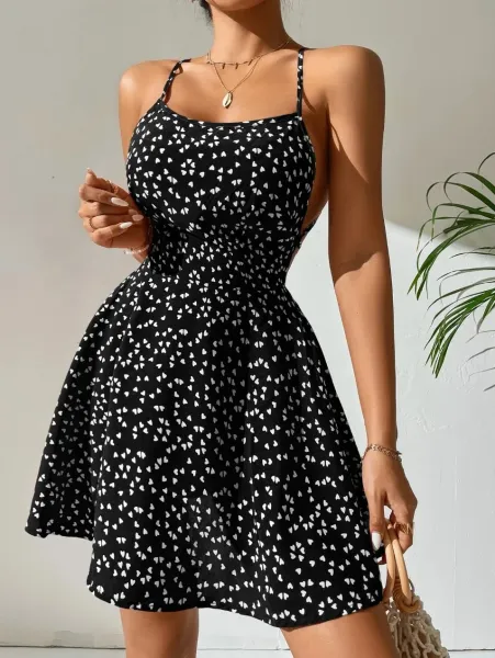 Design Floral Print Heart Pattern Spaghetti Strap A-Line Dress - 8