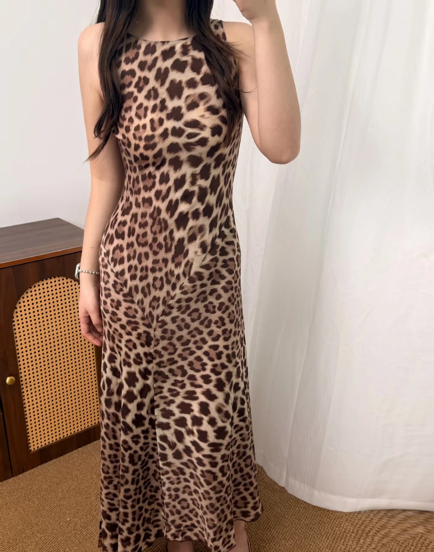 Design Leopard Print Slip Dress Beige Brown Women's Maxi Dress - 4