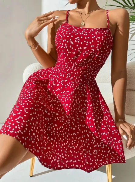 Design Floral Print Heart Pattern Spaghetti Strap A-Line Dress - 14