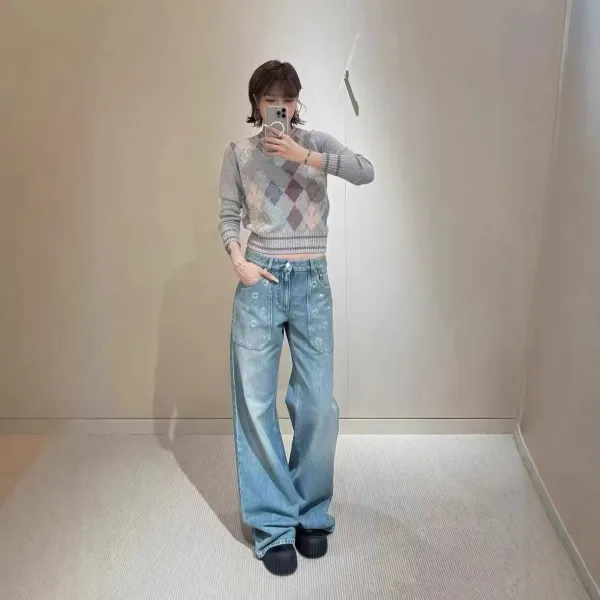 Design Embroidered Patchwork Wide-Leg Jeans Blue - 3