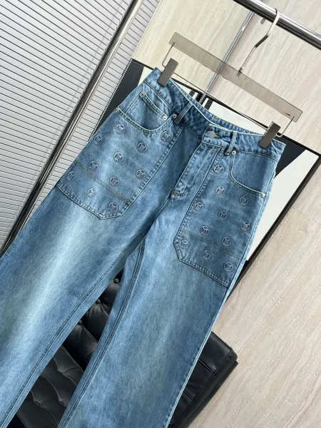 Design Embroidered Patchwork Wide-Leg Jeans Blue - 8