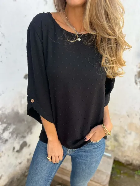 Design Textured Dot Black Oversized Top with Buttoned Cuff - 4