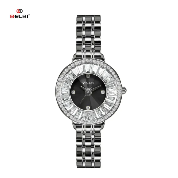 Design BELBI Crystal-Embellished Black Dial Stainless Steel Watch Watches - 1