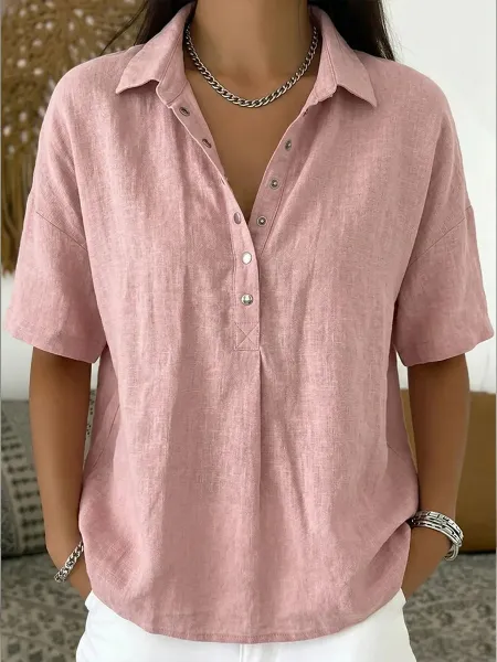 Design Linen Button-Up Shirt White Tops Shirt - 3